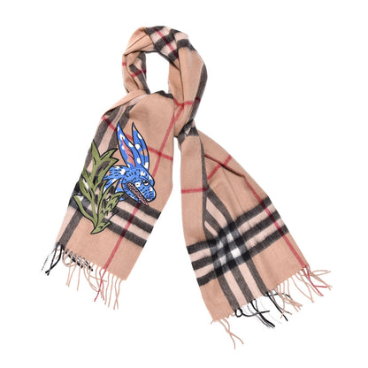 Burberry Cashmere Embroidered Oscar Giant Check Fringe Scarf Camel 1 of 7