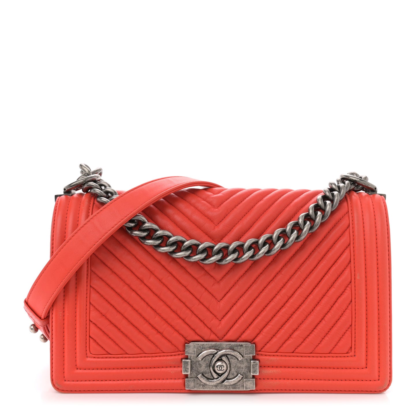 Wrinkled Lambskin Chevron Quilted Medium Boy Flap Orange