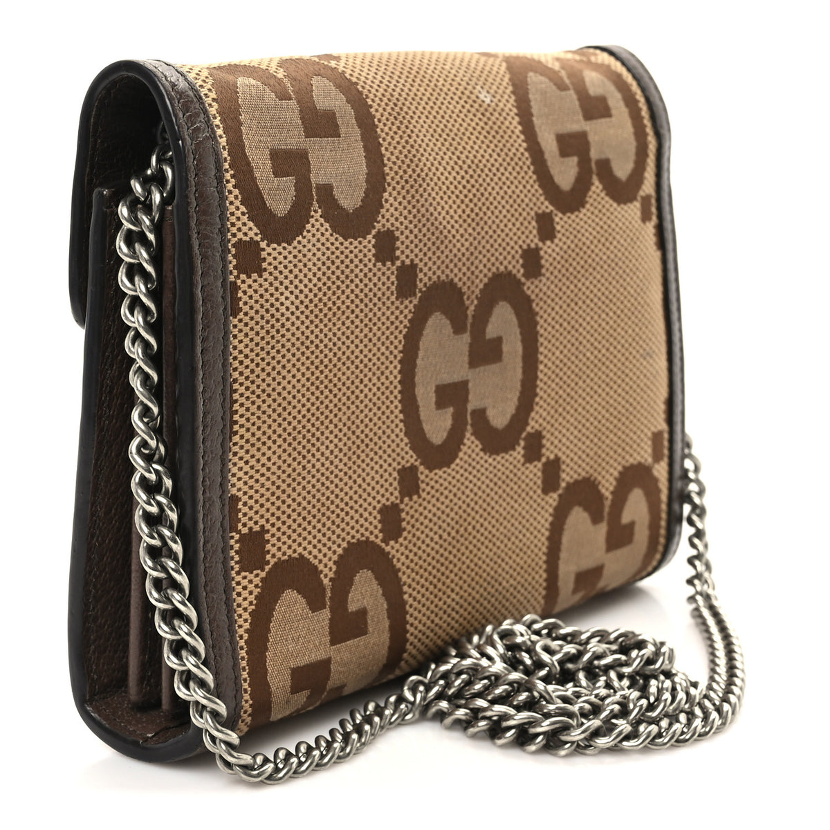 Gucci Monogram Jumbo GG Textured Dollar Calfskin Mini Dionysus Chain Wallet Camel Ebony New Acero 2 of 9