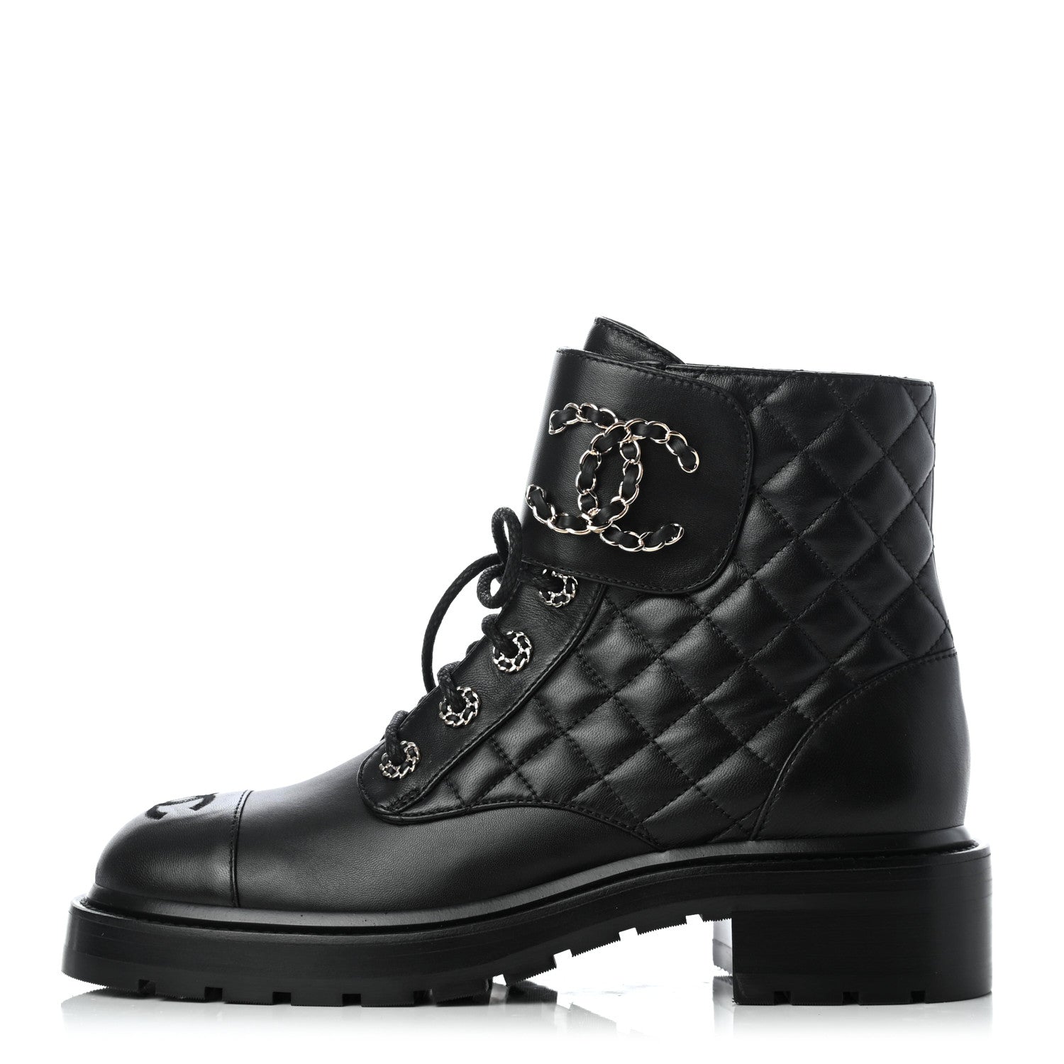 Chanel Shiny Lambskin Quilted Lace Up Combat Boots 38.5 Black 1 of 22