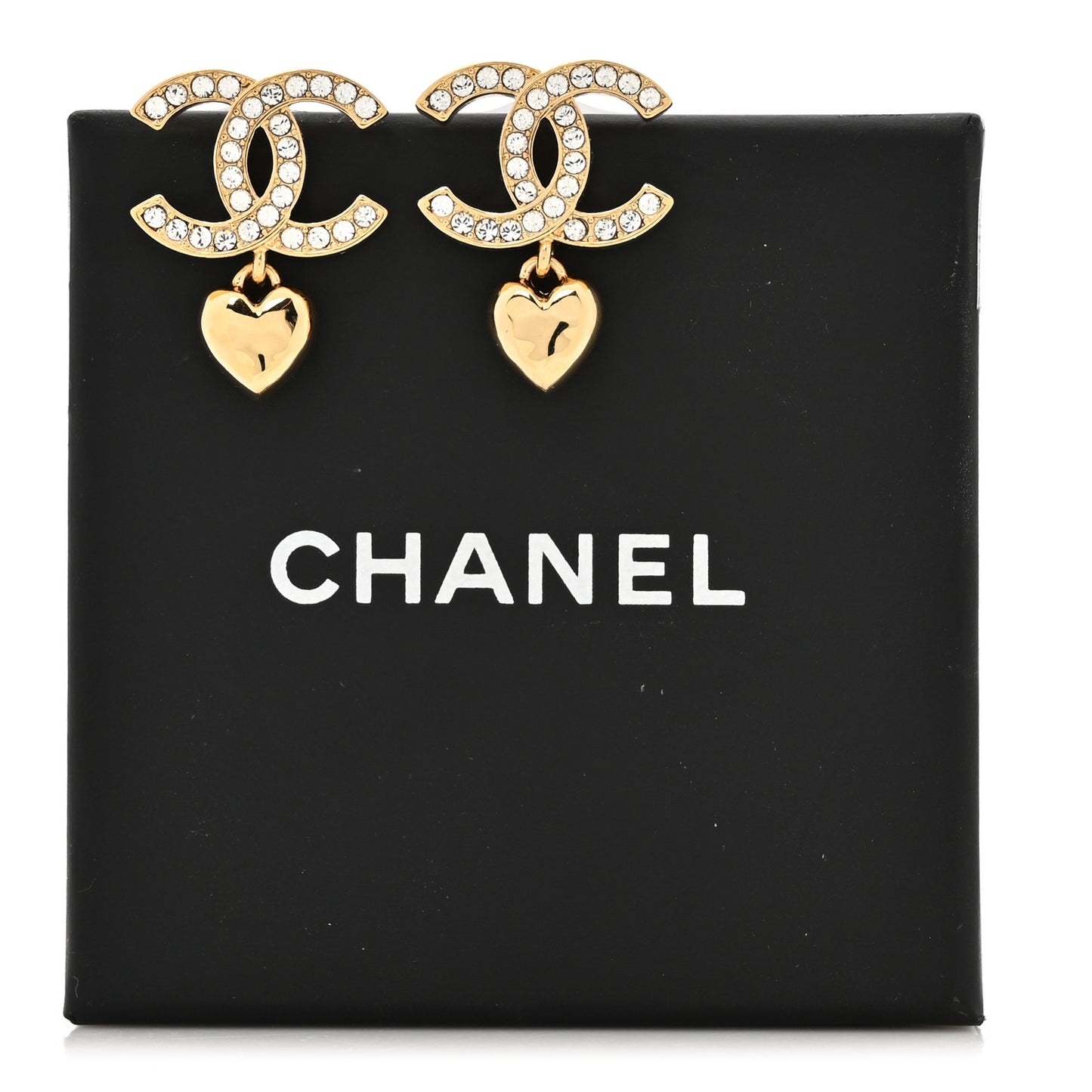 Metal Crystal CC Heart Drop Earrings Gold
