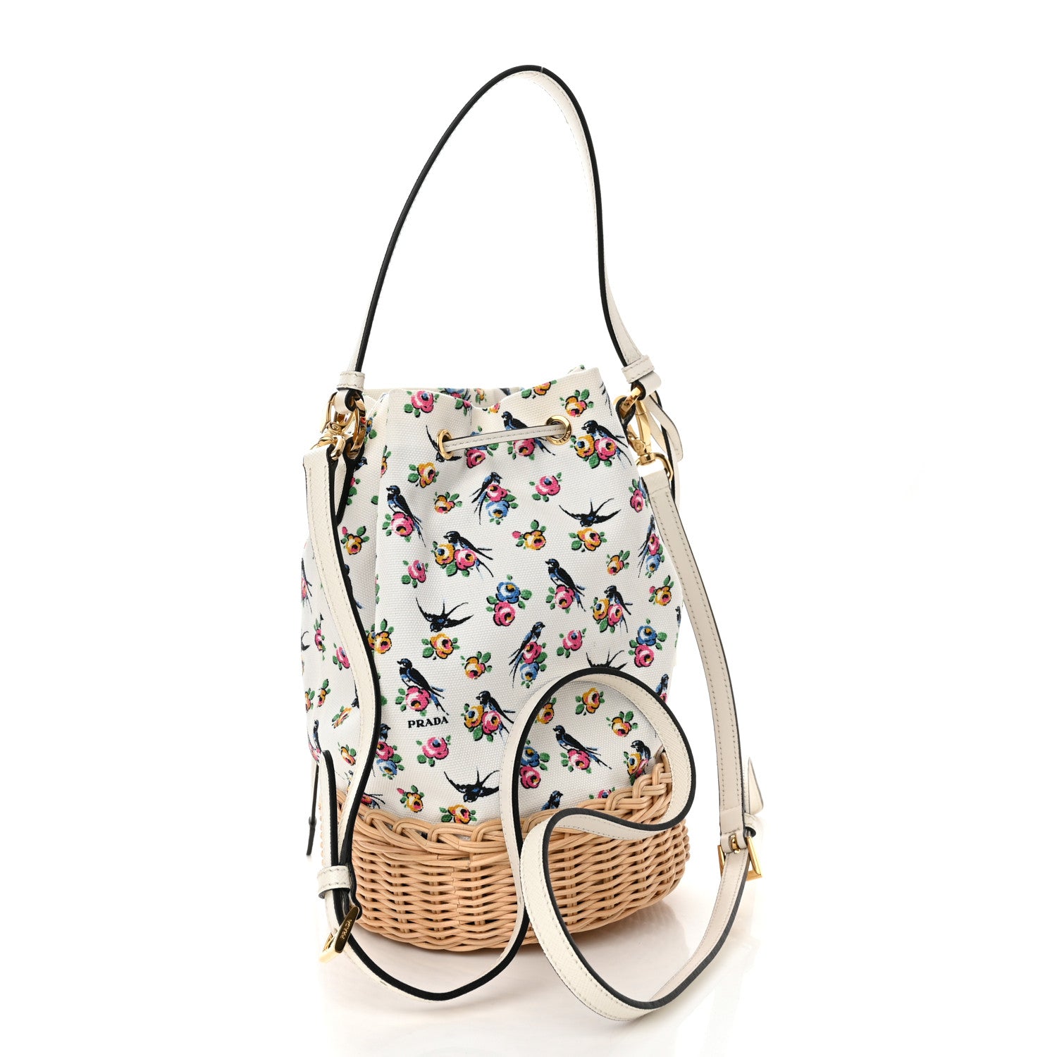 Prada Wicker Canvas Floral Print Bucket Bag White Multicolor 3 of 11