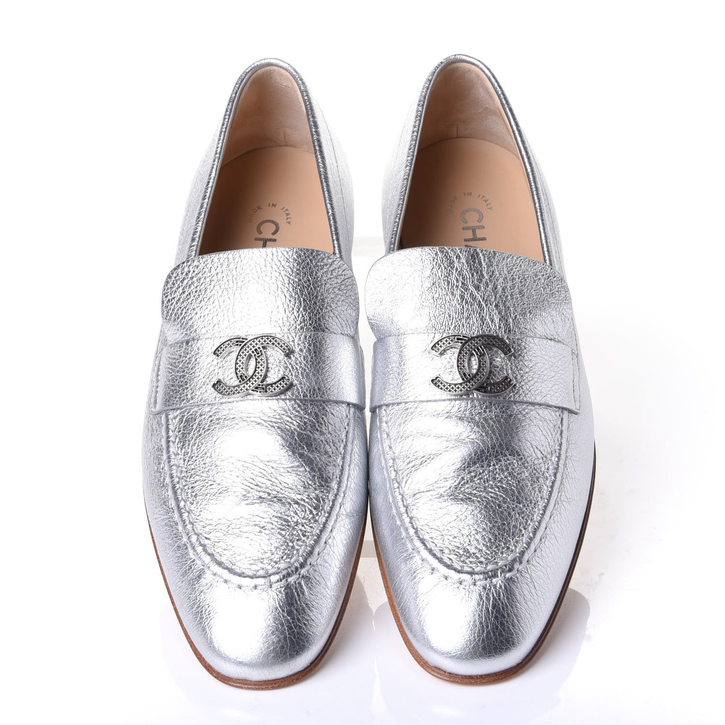 Crackled Goatskin Laminated CC Loafers 37.5 Silver