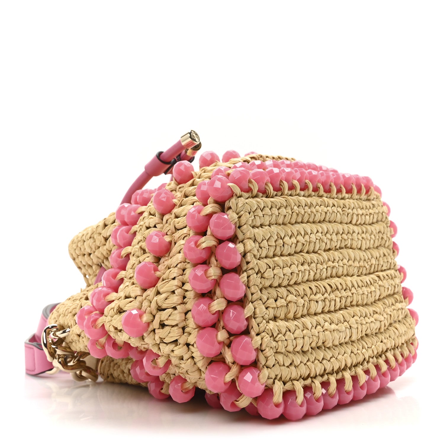 Jimmy Choo Calfskin Raffia Beaded Bon Bon Bucket Bag Beige Pink 4 of 10