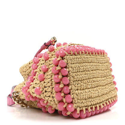 Jimmy Choo Calfskin Raffia Beaded Bon Bon Bucket Bag Beige Pink 4 of 10