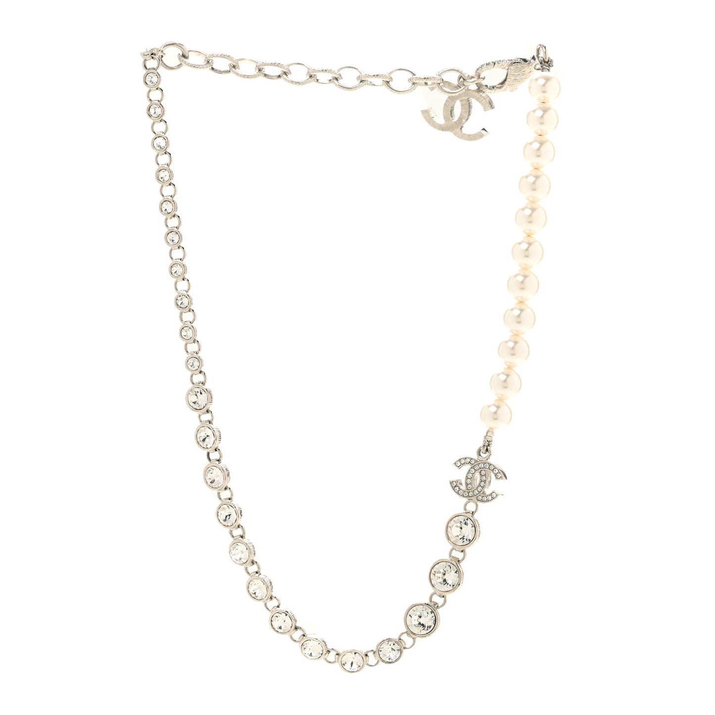 Pearl Crystal CC Choker Necklace Silver