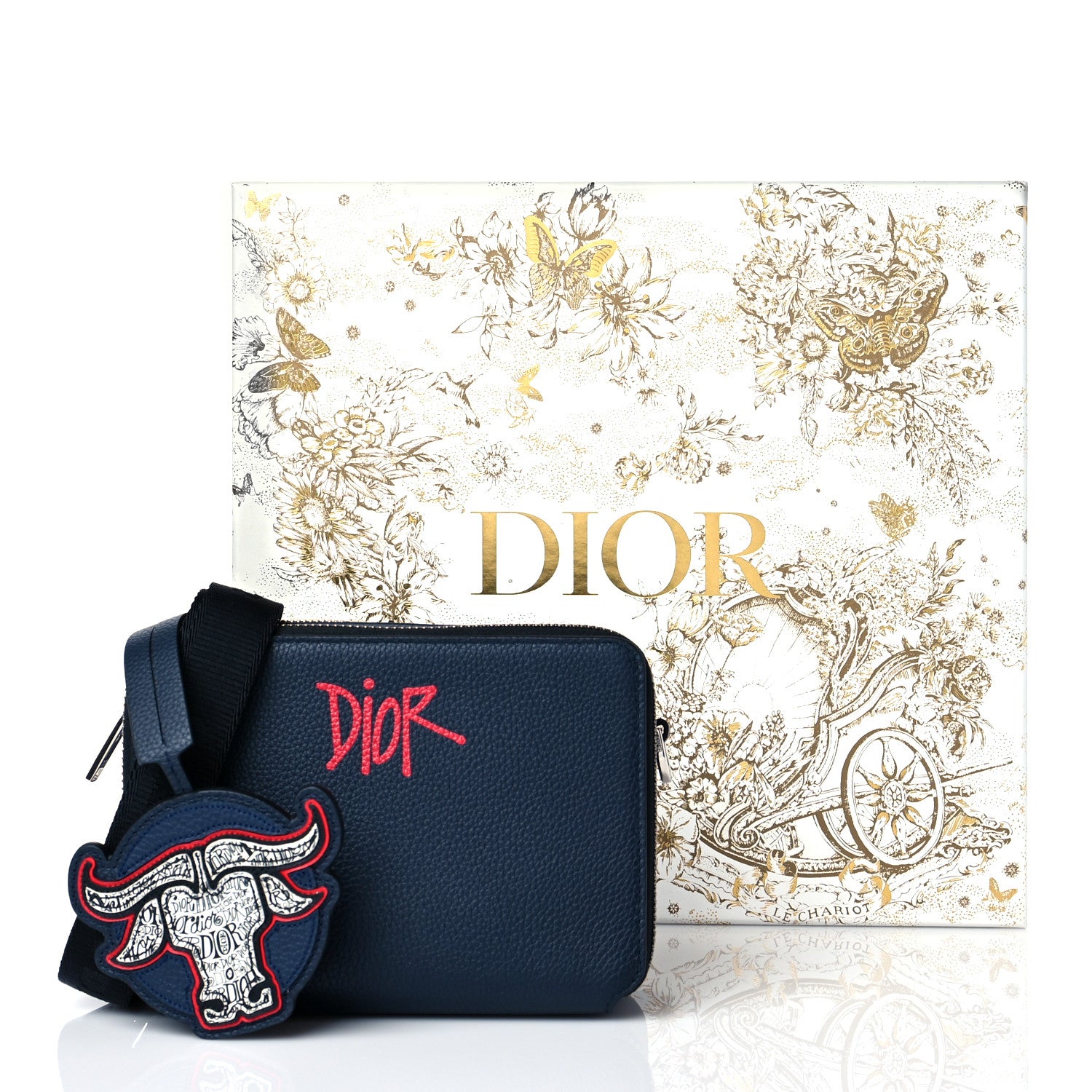 Christian Dior X SHAWN STUSSY Grained Calfskin Ox Head Crossbody Double Zip Crossbody Pouch Navy Blue 13 of 13