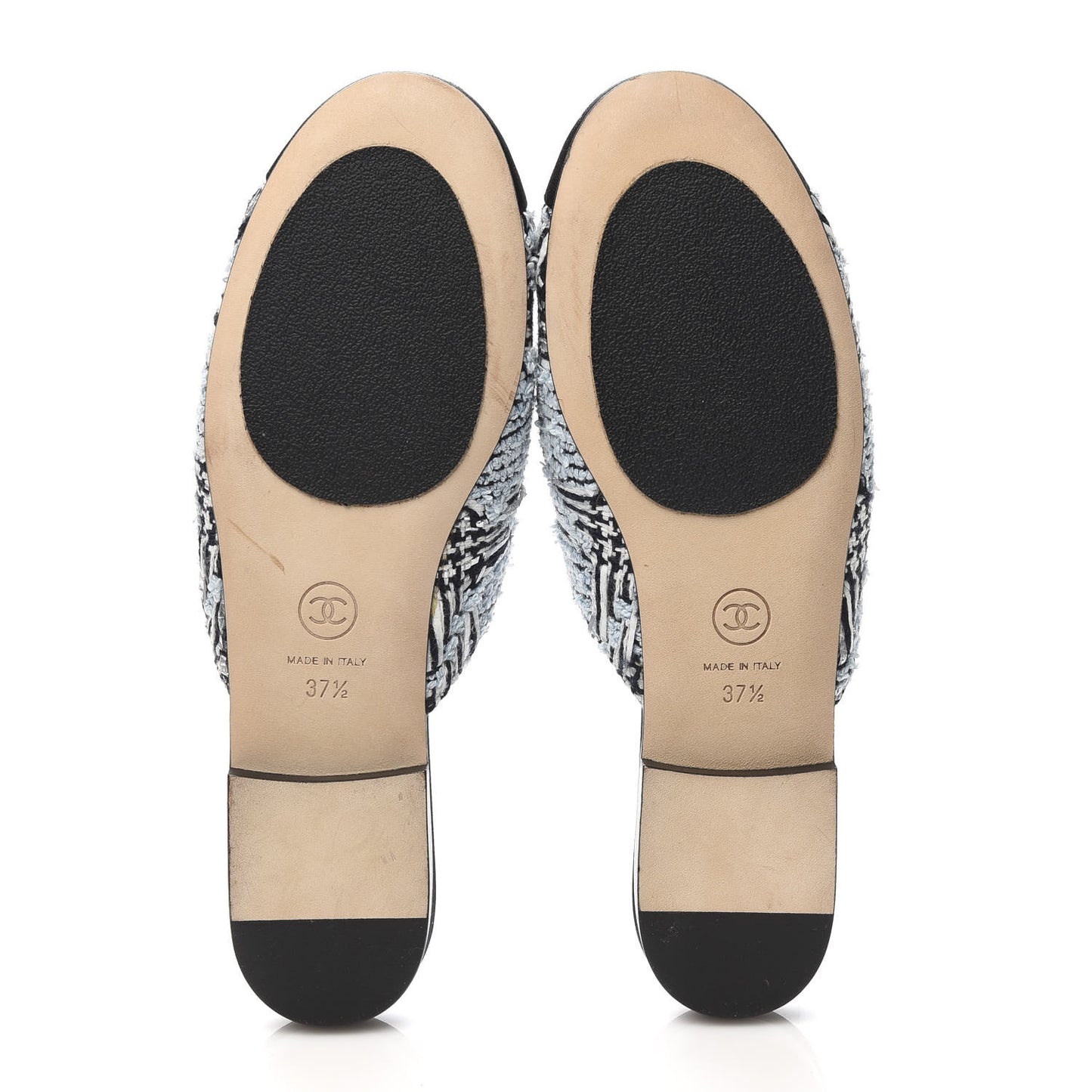 Tweed Grosgrain Camellia CC Flats 37.5 Light Blue Black