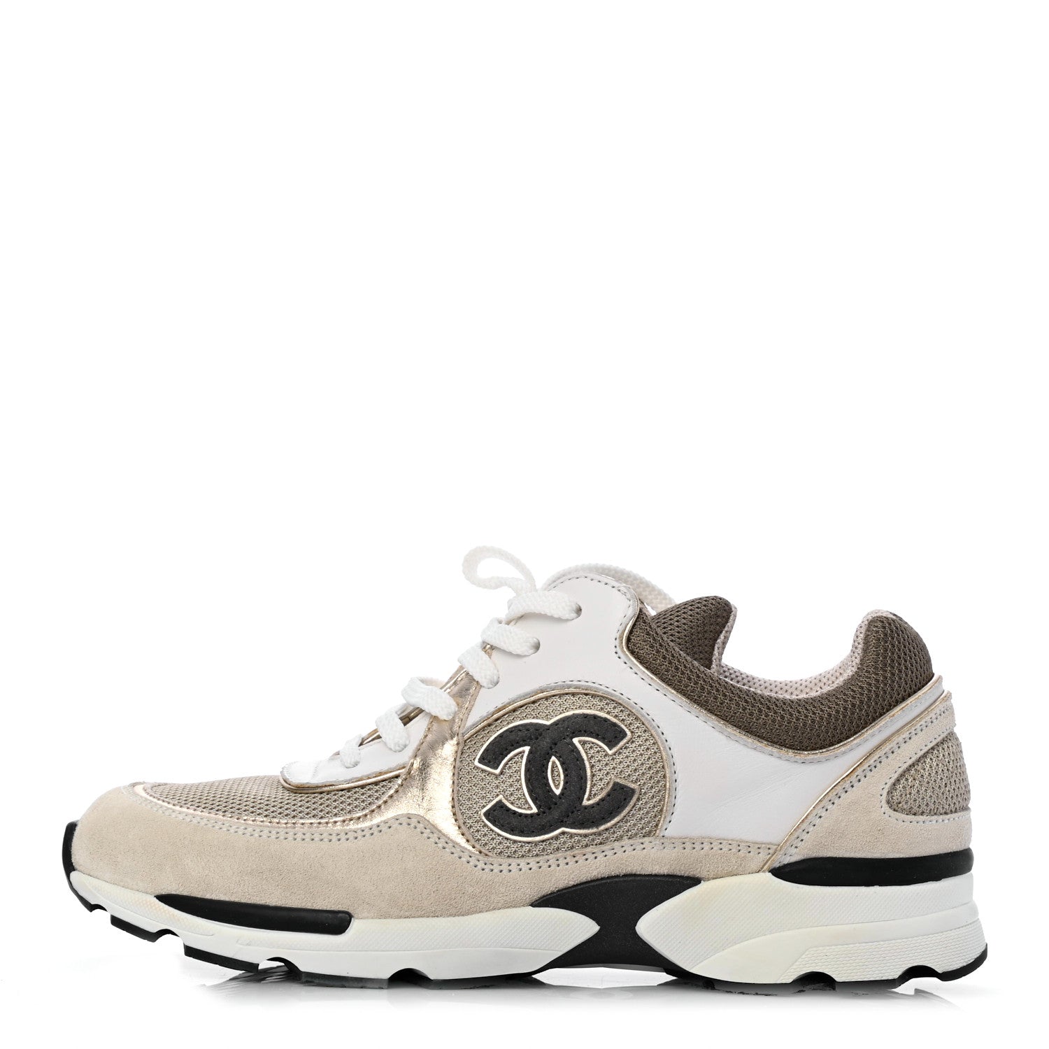 Chanel Suede Calfskin CC Sneakers 37.5 Beige Gold 1 of 10