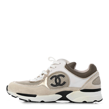 Chanel Suede Calfskin CC Sneakers 37.5 Beige Gold 1 of 10