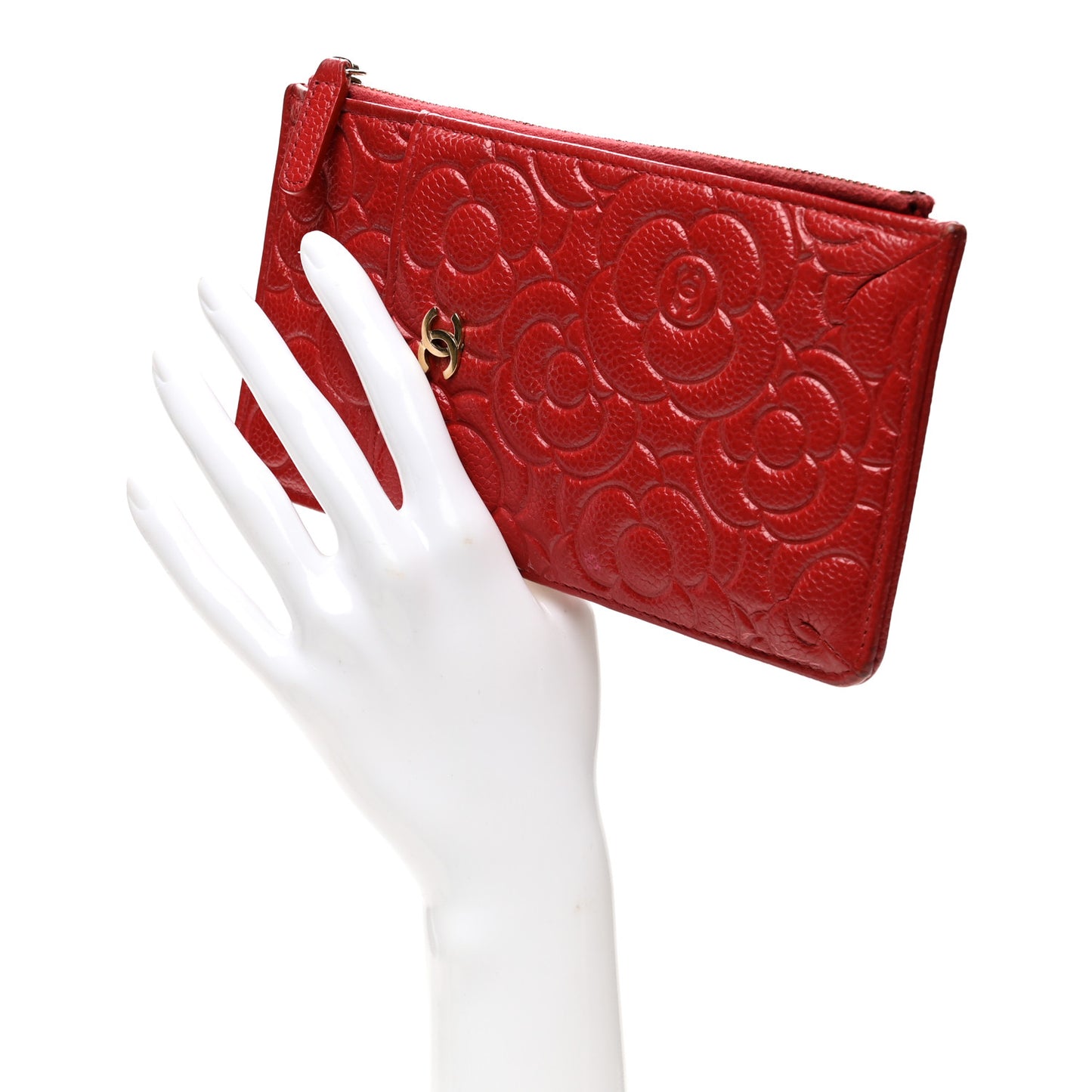Caviar Camellia Embossed Classic Flat Wallet Pouch Red