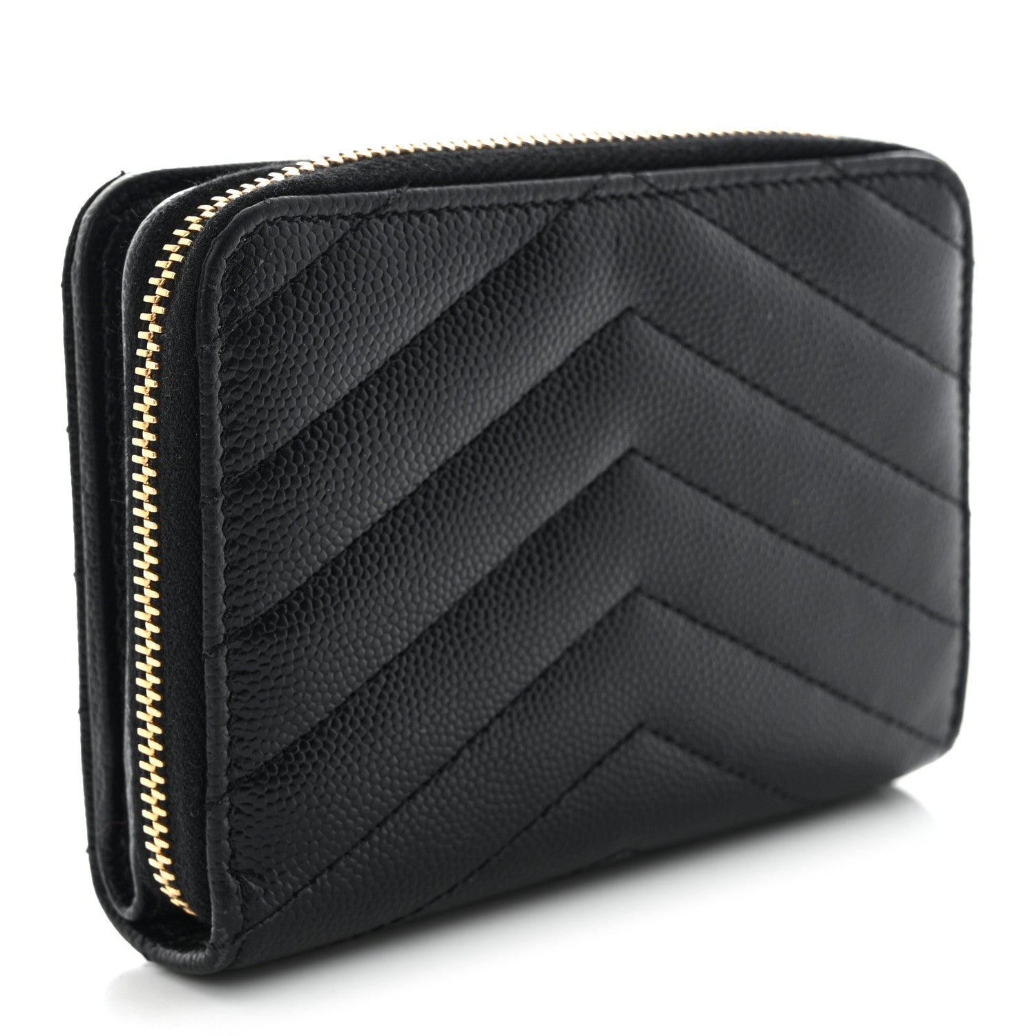 Saint Laurent Grain De Poudre Matelasse Chevron Monogram Compact Zip Around Wallet Black 3 of 11
