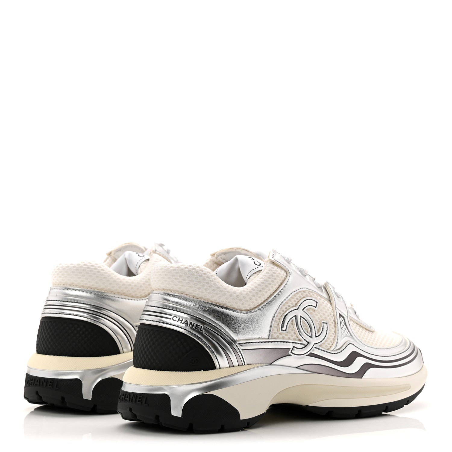 Chanel Fabric Laminated Calfskin Stretch CC Womens Sneakers 37.5 White Silver 5 of 9