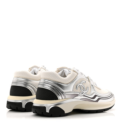 Chanel Fabric Laminated Calfskin Stretch CC Womens Sneakers 37.5 White Silver 5 of 9