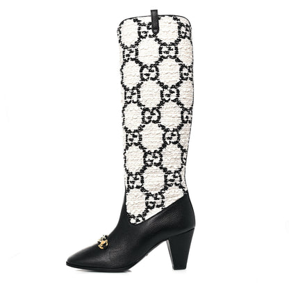 Gucci Tweed GG Monogram Wrinkled Kid Zumi Knee Boots 38 Natural Black 1 of 8