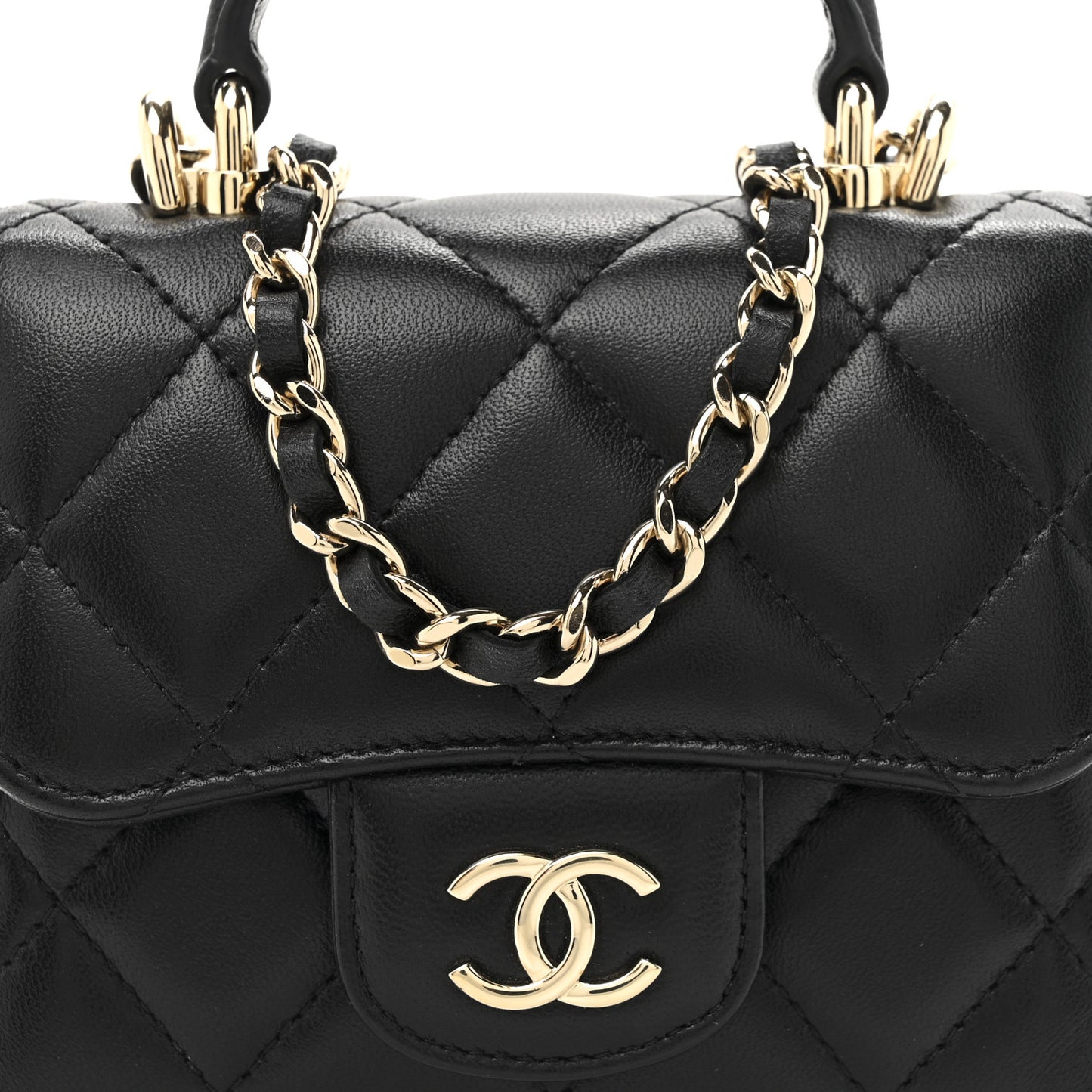 Lambskin Quilted Top Handle Flap Clutch With Chain Black