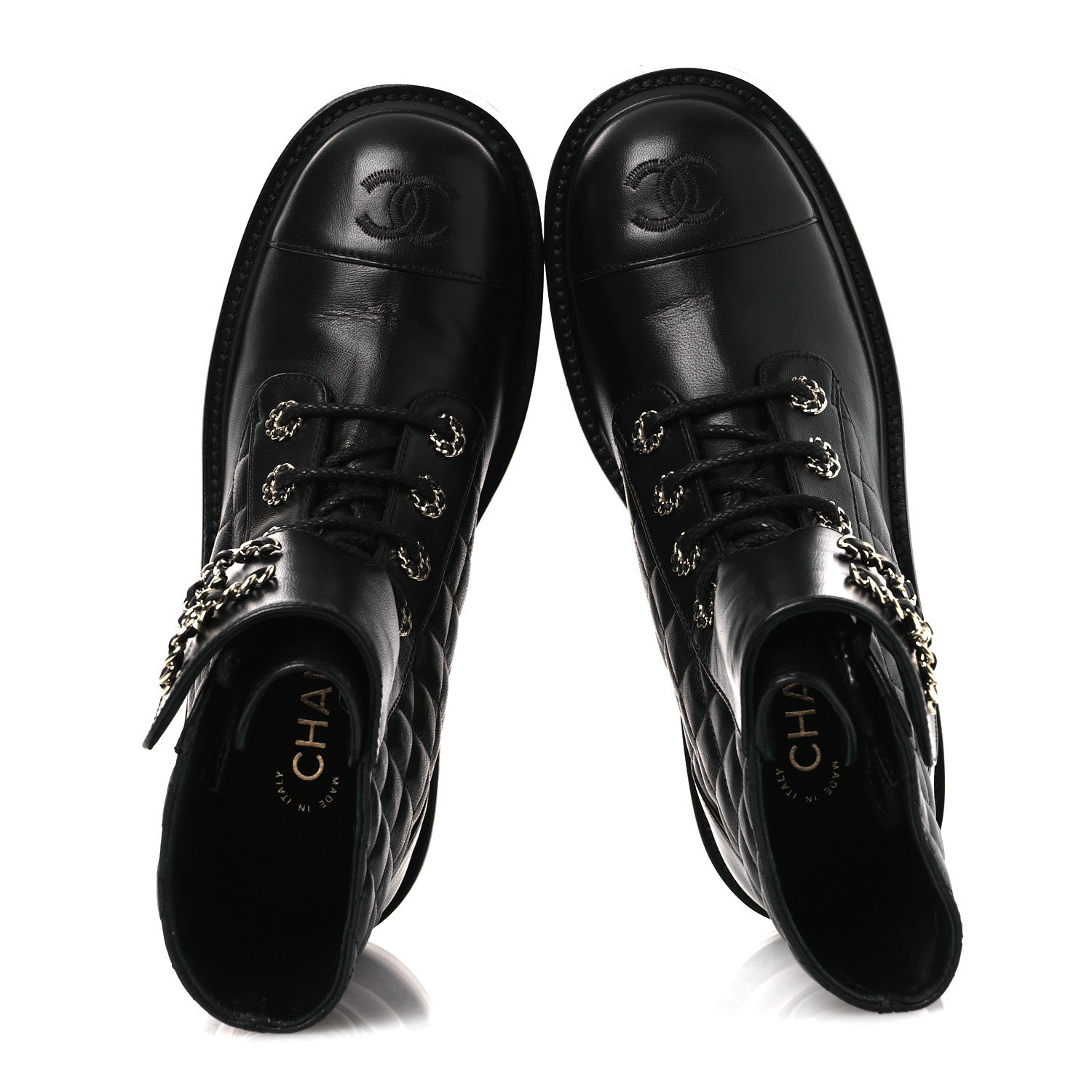 Chanel Shiny Lambskin Quilted Lace Up Combat Boots 37 Black 2 of 11