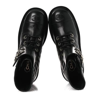 Chanel Shiny Lambskin Quilted Lace Up Combat Boots 37 Black 2 of 11
