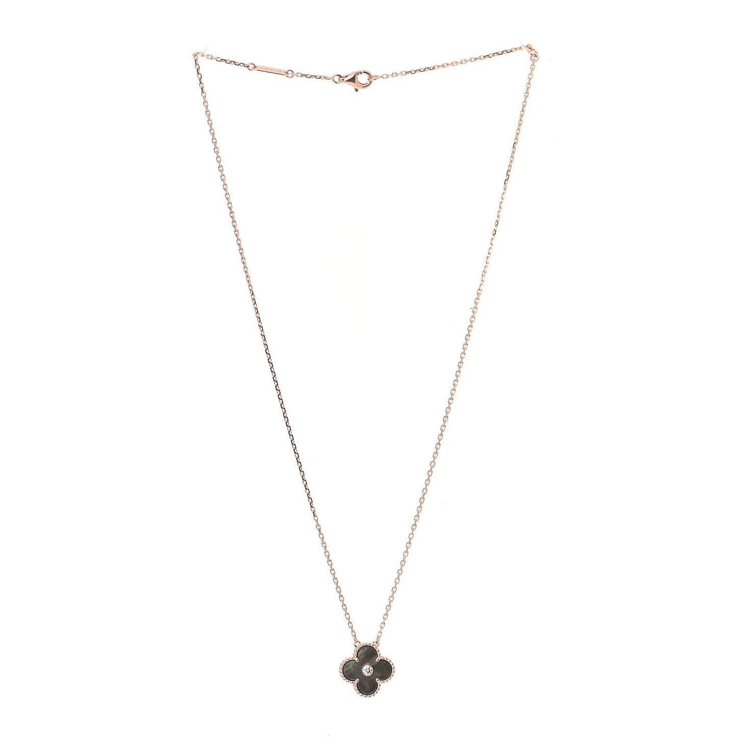 18K Rose Gold Diamond Grey Mother of Pearl Vintage Alhambra Pendant Necklace