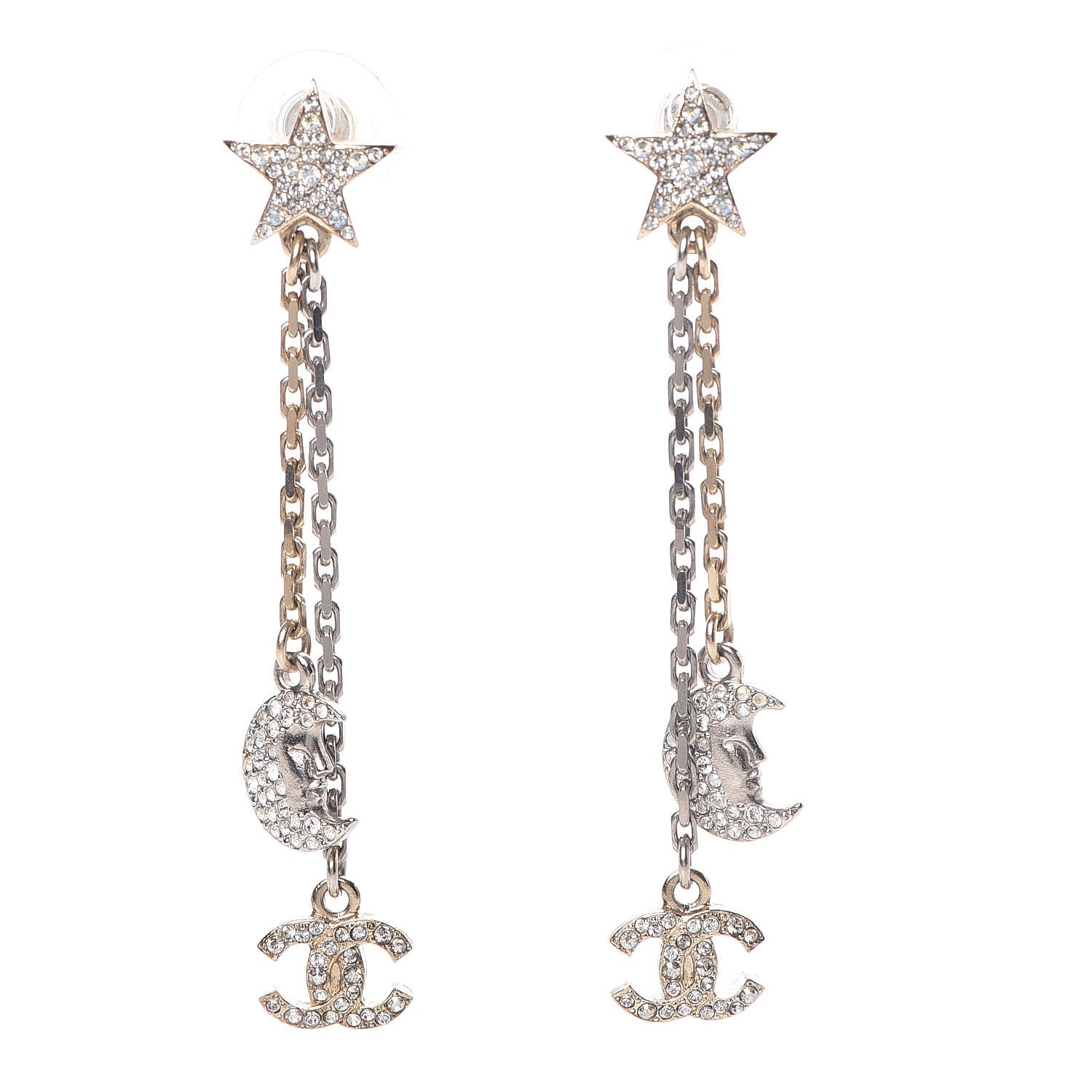 Chanel Crystal CC Star Moon Dangle Earrings Silver Gold 1 of 4