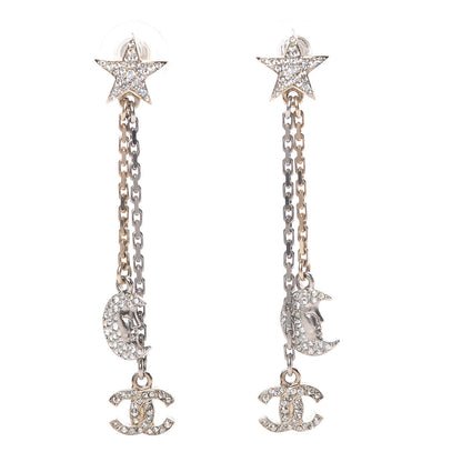 Chanel Crystal CC Star Moon Dangle Earrings Silver Gold 1 of 4