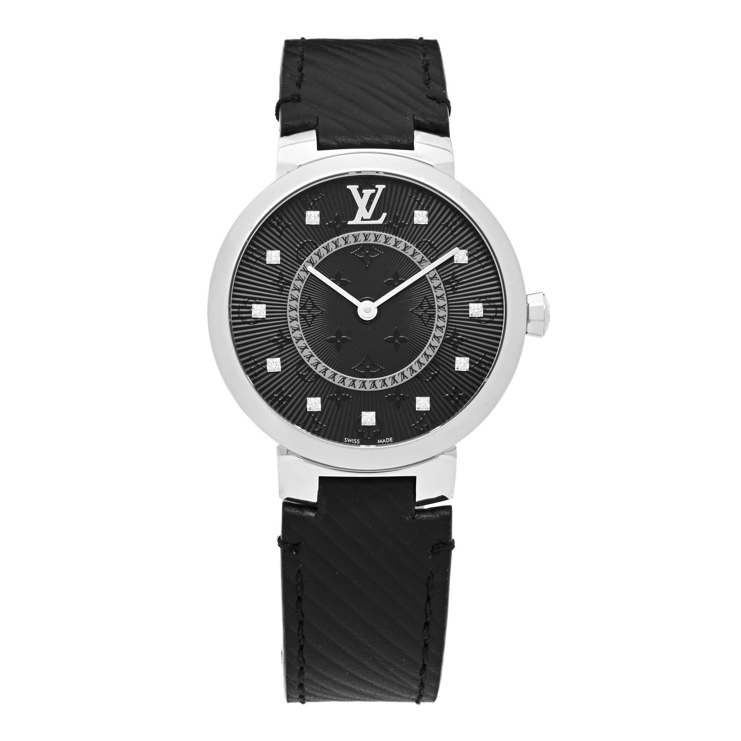 Stainless Steel Epi Diamond 33mm Tambour Slim Quartz Watch Black