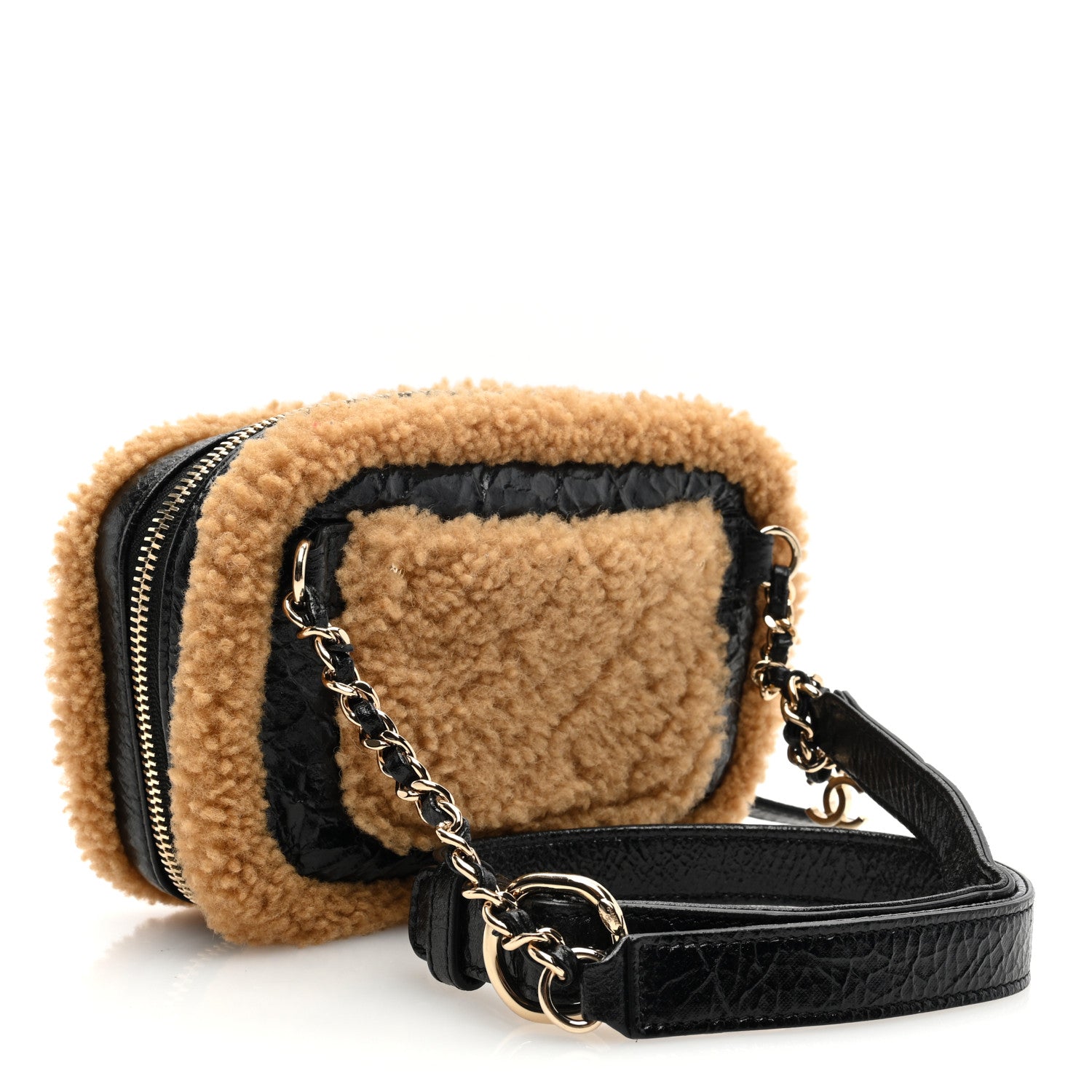 Chanel Shiny Crumpled Sheepskin Shearling CC Mania Waist Bag Black Light Brown 3 of 10