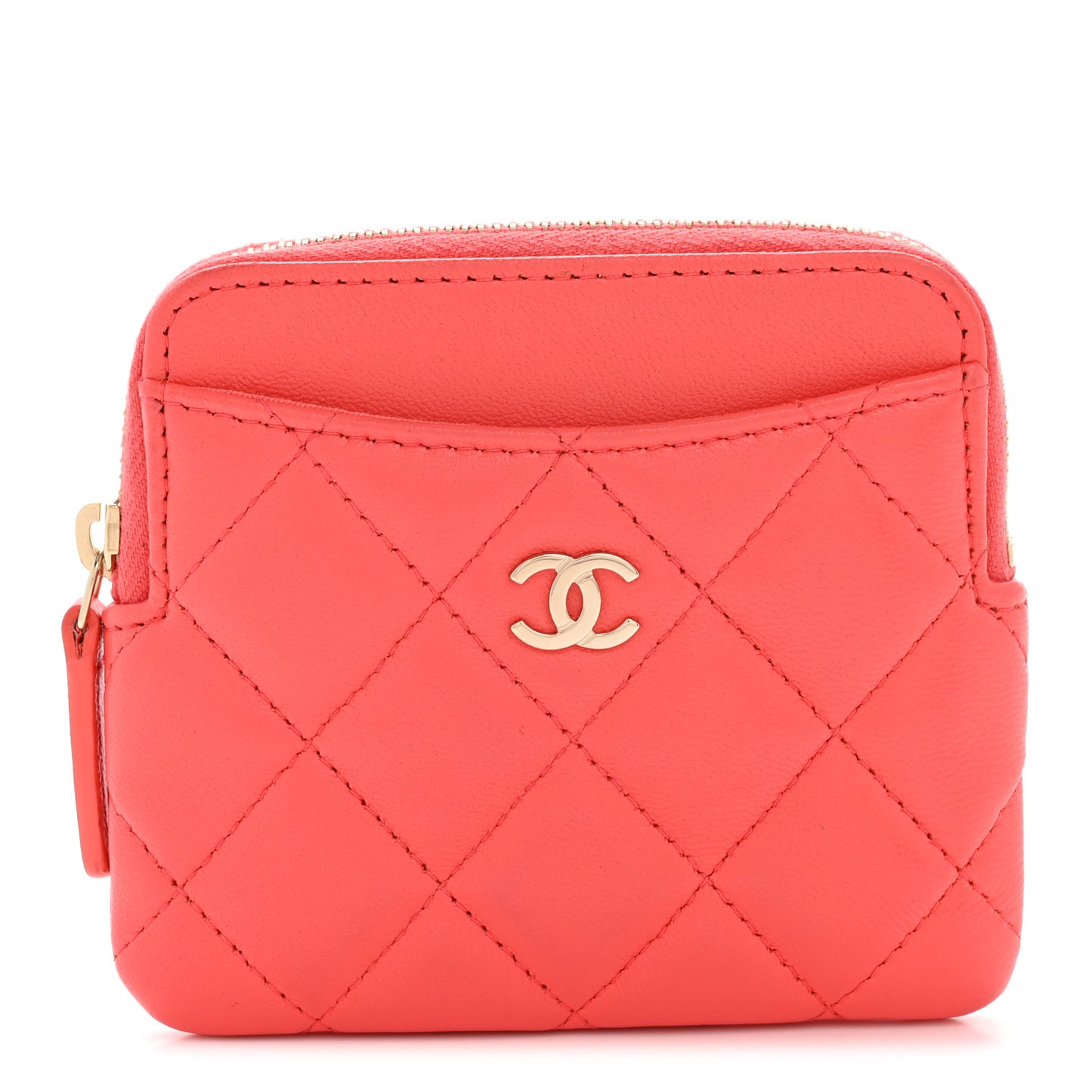 Lambskin Quilted Zip Card Holder Wallet Coral