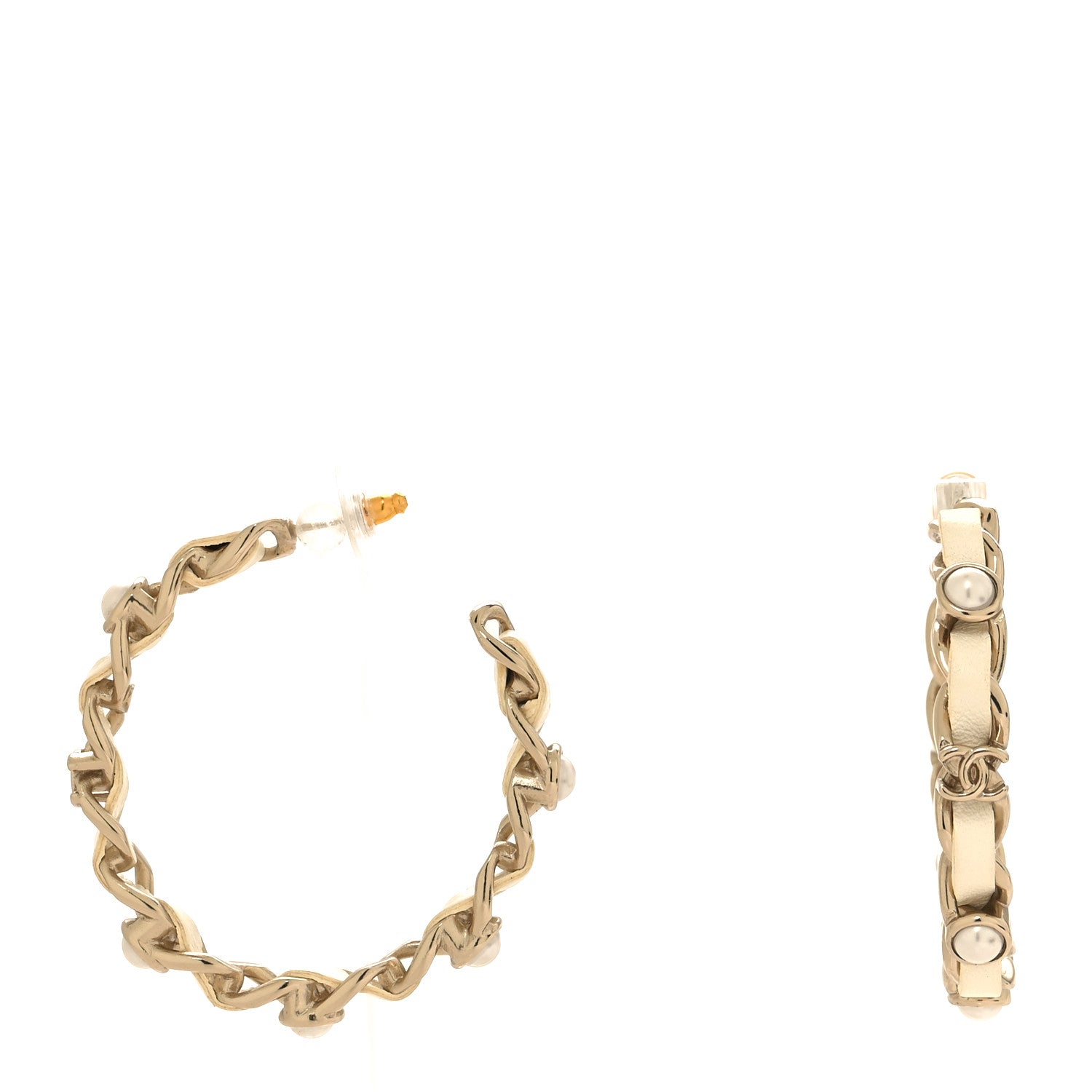 Chanel Lambskin Pearl More Is More CC Chain Hoop Earrings Matte Gold White 1 of 5