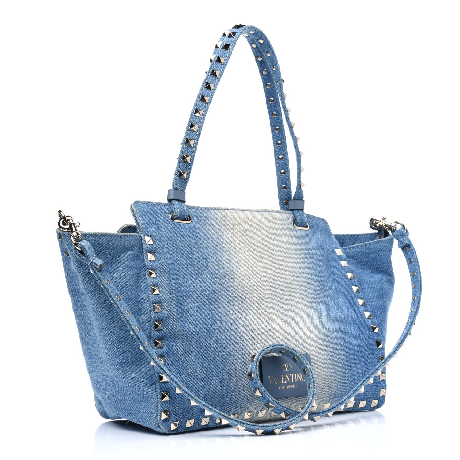 Valentino Garavani Denim Butterfly Embroidered Small Rockstud Tote Light Denim 4 of 13