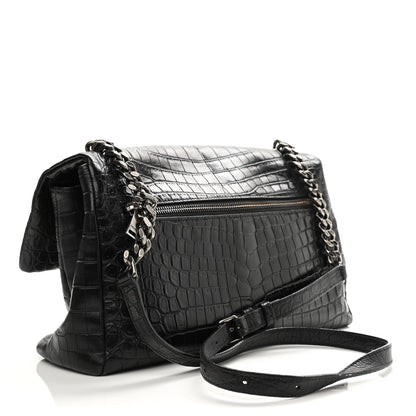Saint Laurent Calfskin Crocodile Embossed Medium West Hollywood Monogram Fold-Over Black 5 of 23
