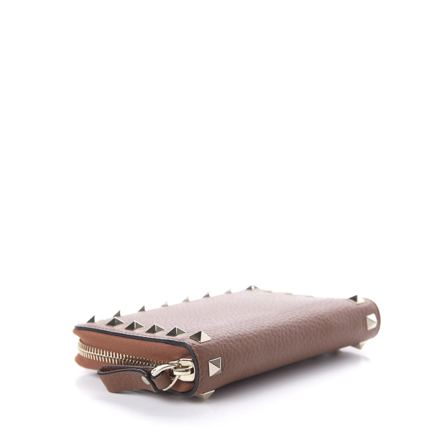 Pebbled Calfskin Rockstud Compact Zip Around Wallet Bright Cognac