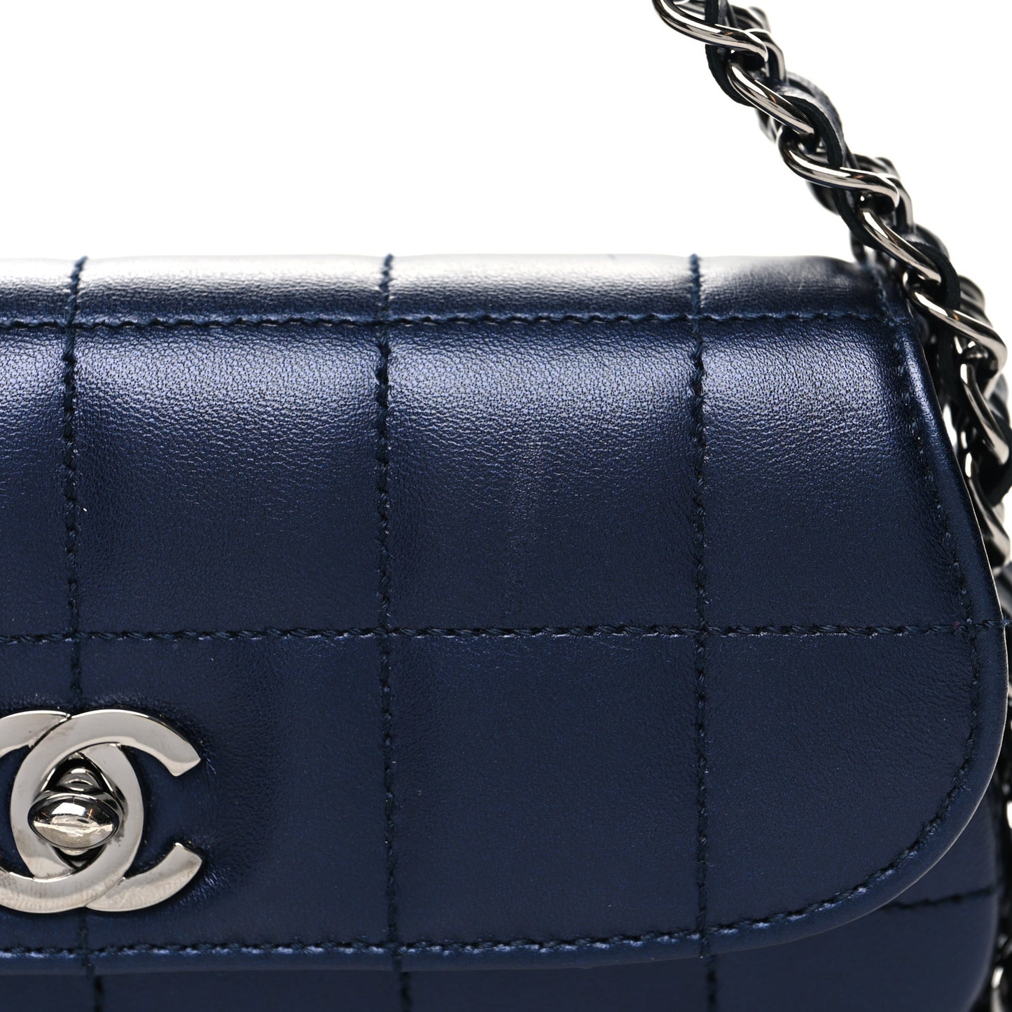 Lambskin Chocolate Bar Quilted 3 Chain Flap Navy Blue
