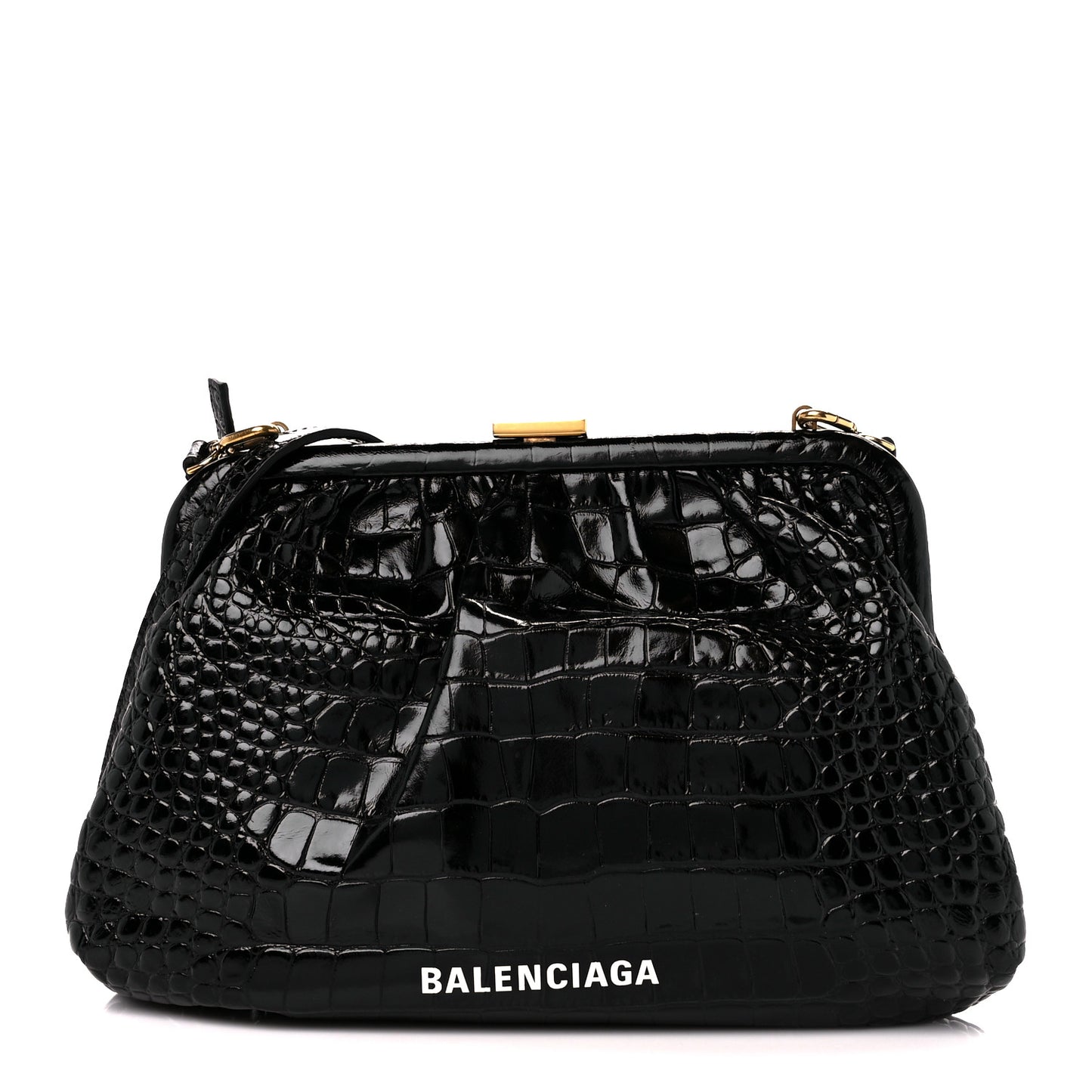 Shiny Supple Calfskin Logo Crocodile Embossed Cloud Crossbody Bag Black White