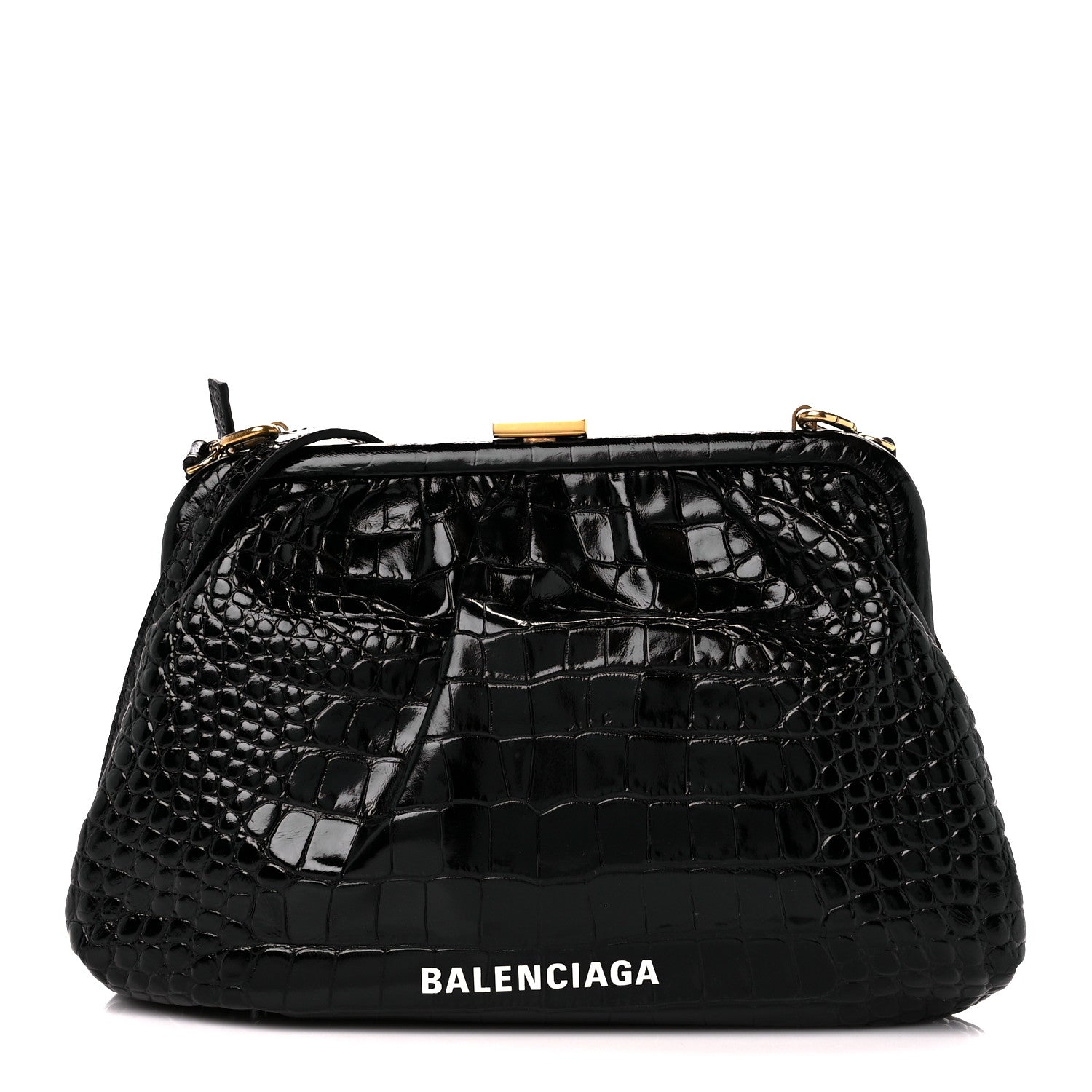 Balenciaga Shiny Supple Calfskin Logo Crocodile Embossed Cloud Crossbody Bag Black White 1 of 11