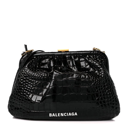 Balenciaga Shiny Supple Calfskin Logo Crocodile Embossed Cloud Crossbody Bag Black White 1 of 11