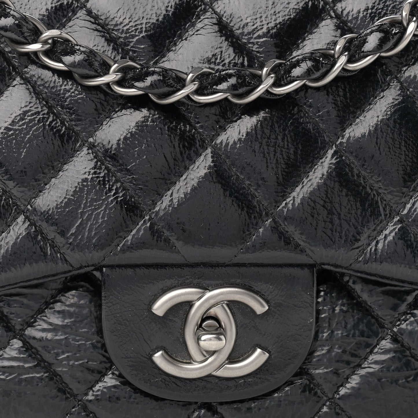 Crinkled Patent Quilted Jumbo Single Flap Black