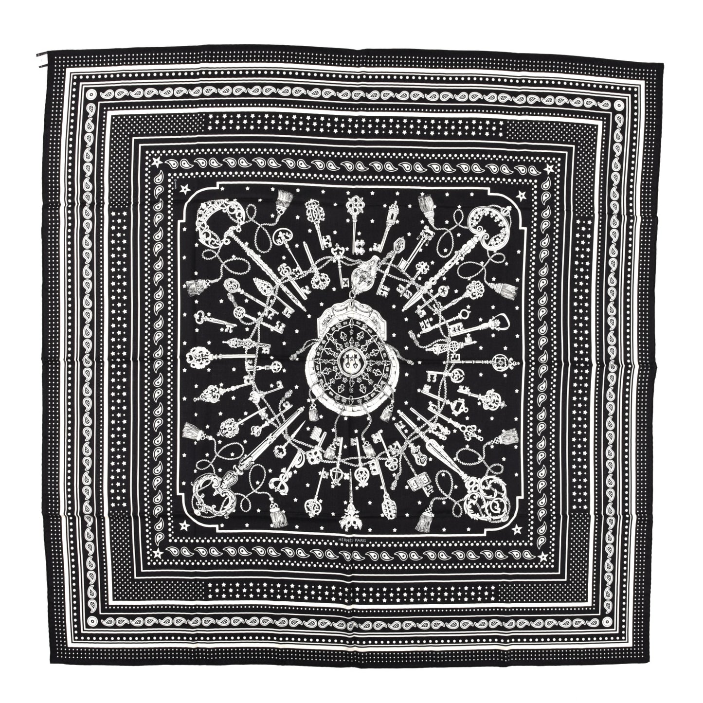 Cashmere Silk Les Cles Bandana Shawl 140 Black White