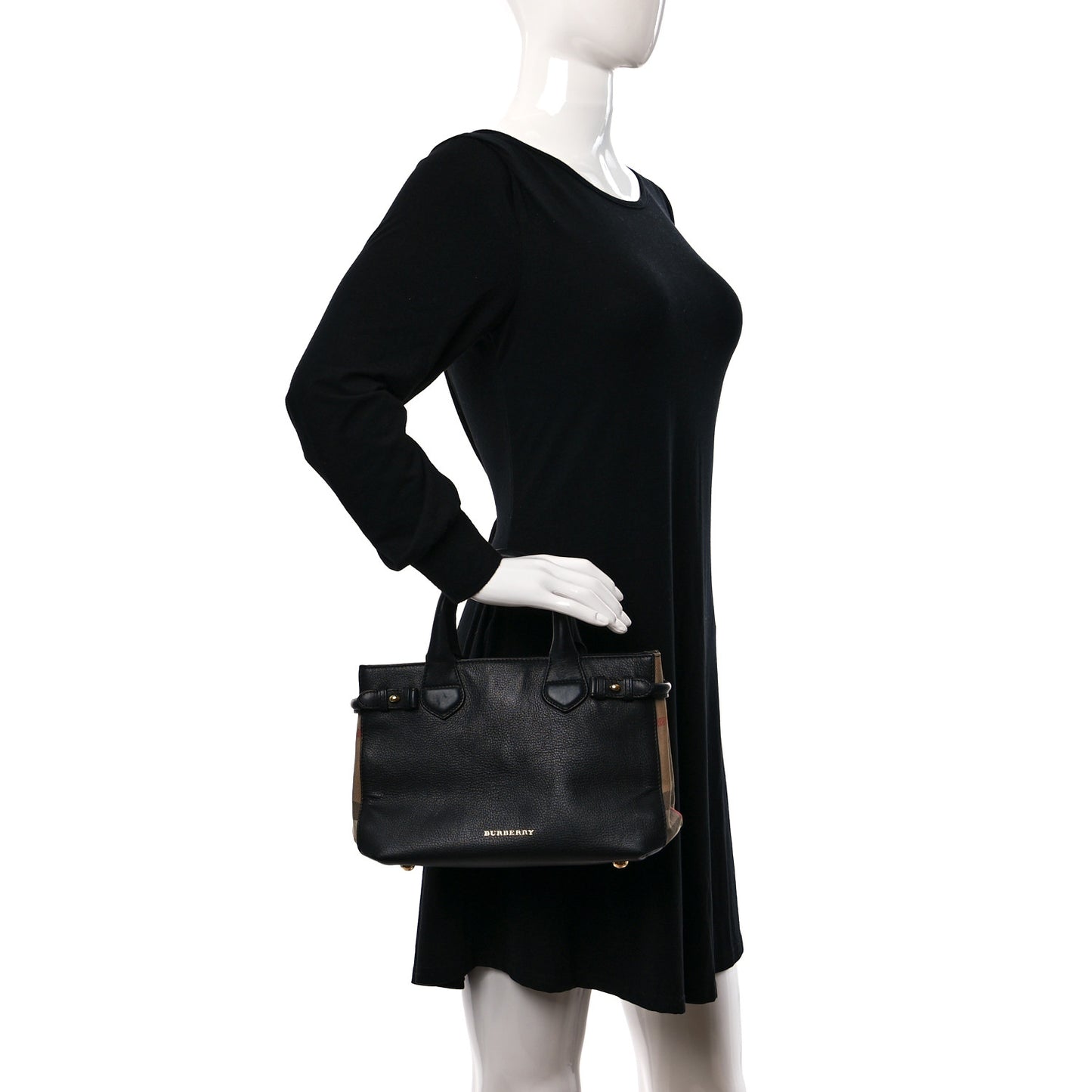 Grainy Calfskin House Check Small Banner Tote Black