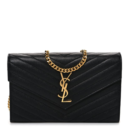 Saint Laurent Grain De Poudre Matelasse Chevron Monogram Chain Wallet Black 1 of 11