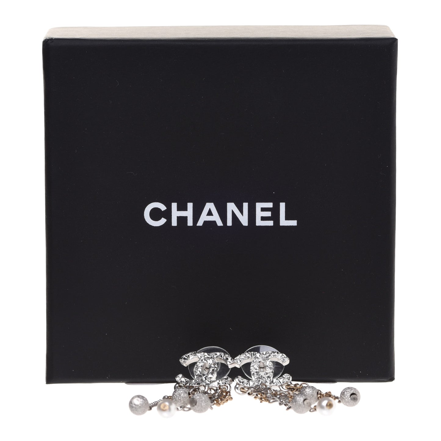 Pearl Beaded Chain CC Dangle Earrings Gold Silver