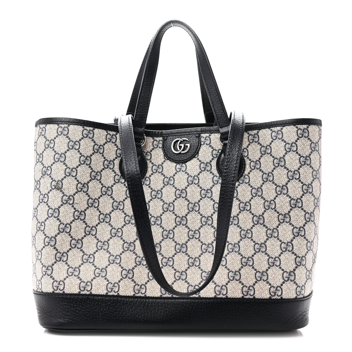 GG Supreme Monogram Textured Dollar Calfskin Medium Shoulder Tote Bag Beige Blue