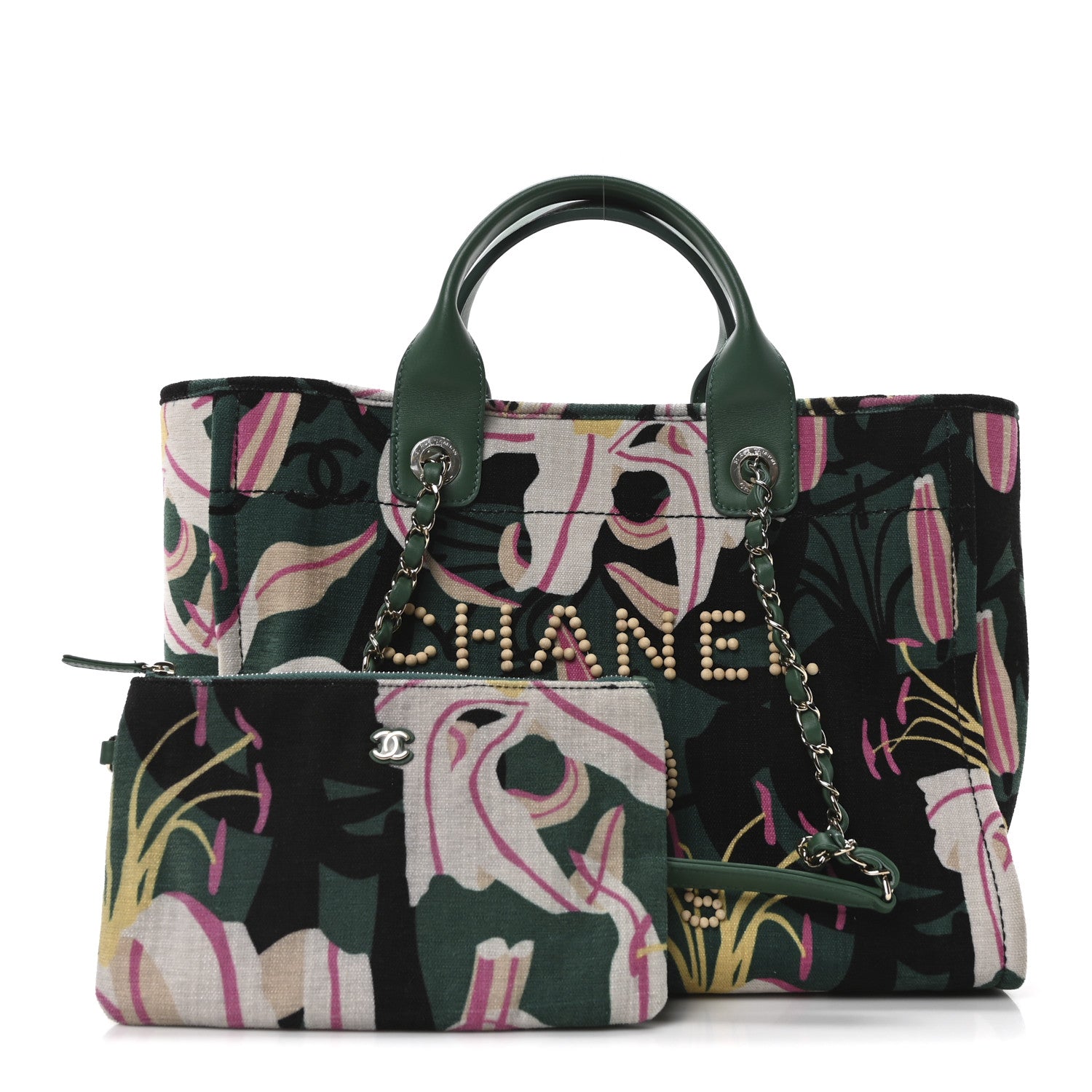 Chanel Velvet Calfskin Beaded Small Deauville Tote Pink Green Black 3 of 12