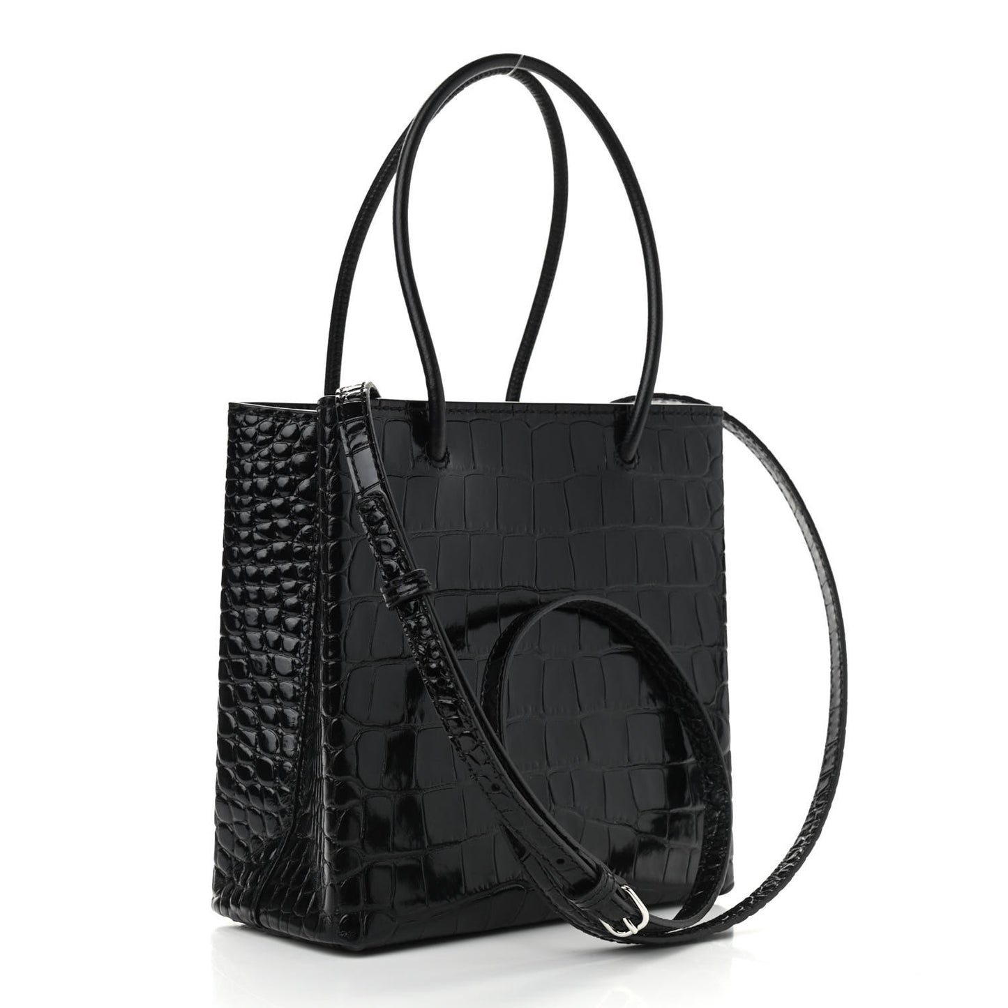 Shiny Calfskin Logo Crocodile Embossed North South Shopper Tote XXS Black White