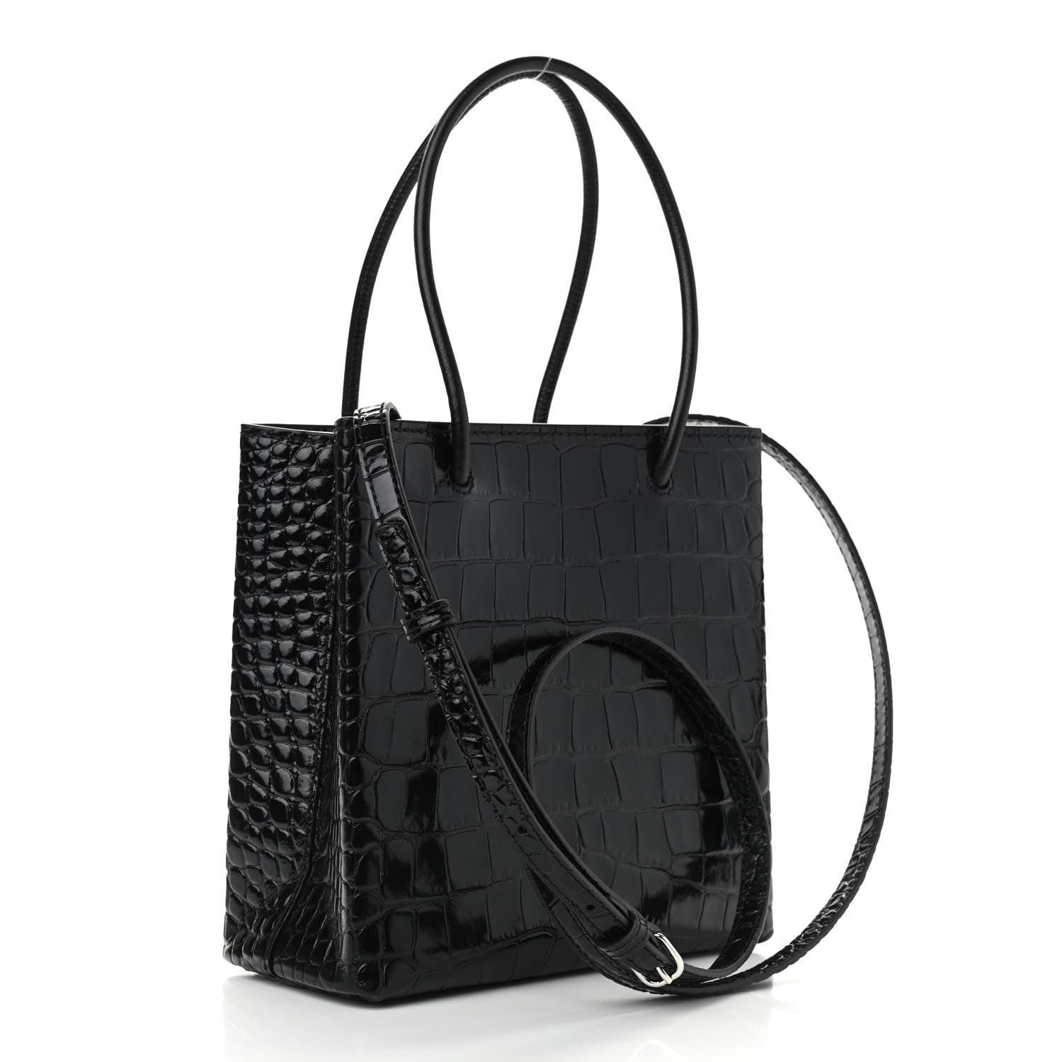 Balenciaga Shiny Calfskin Logo Crocodile Embossed North South Shopper Tote XXS Black White 3 of 8