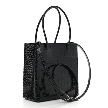 Balenciaga Shiny Calfskin Logo Crocodile Embossed North South Shopper Tote XXS Black White 3 of 8