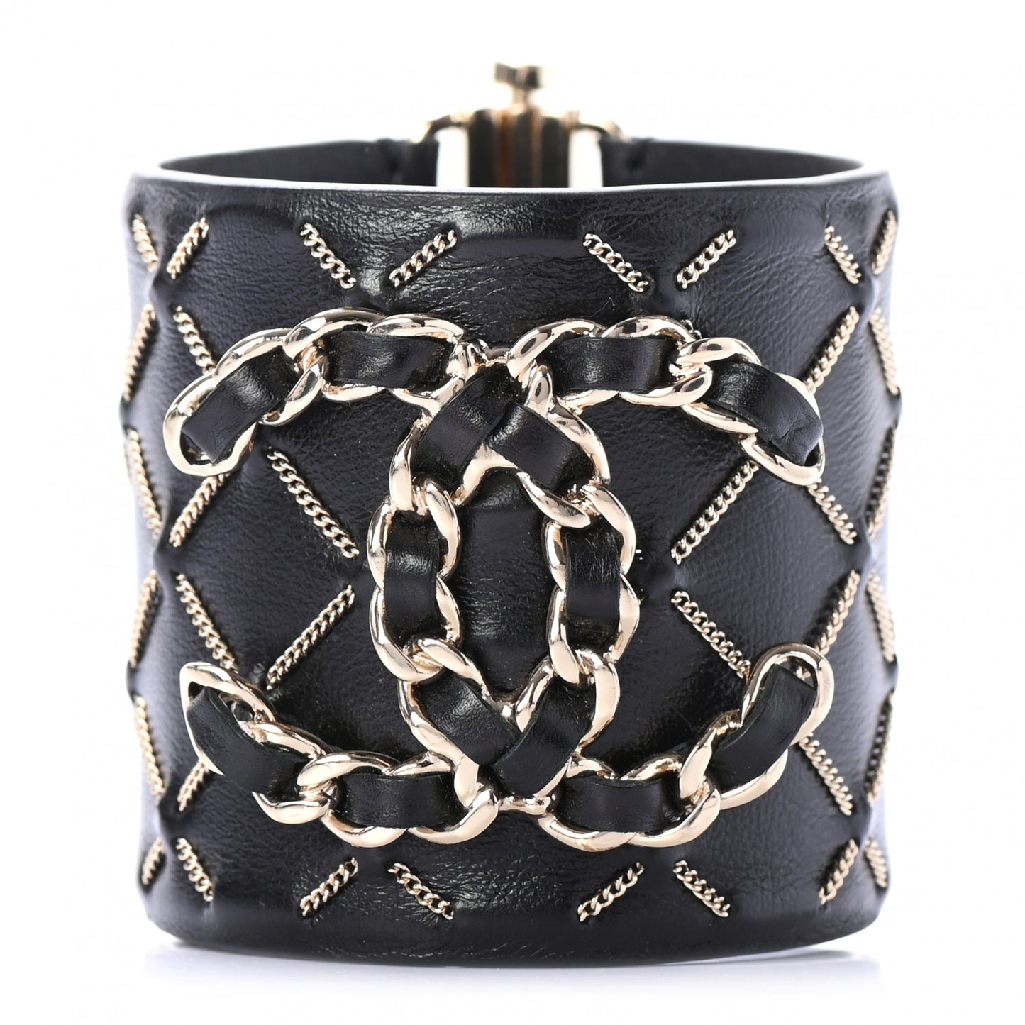 Lambskin Chain Stitched CC Cuff Bracelet M Black Gold