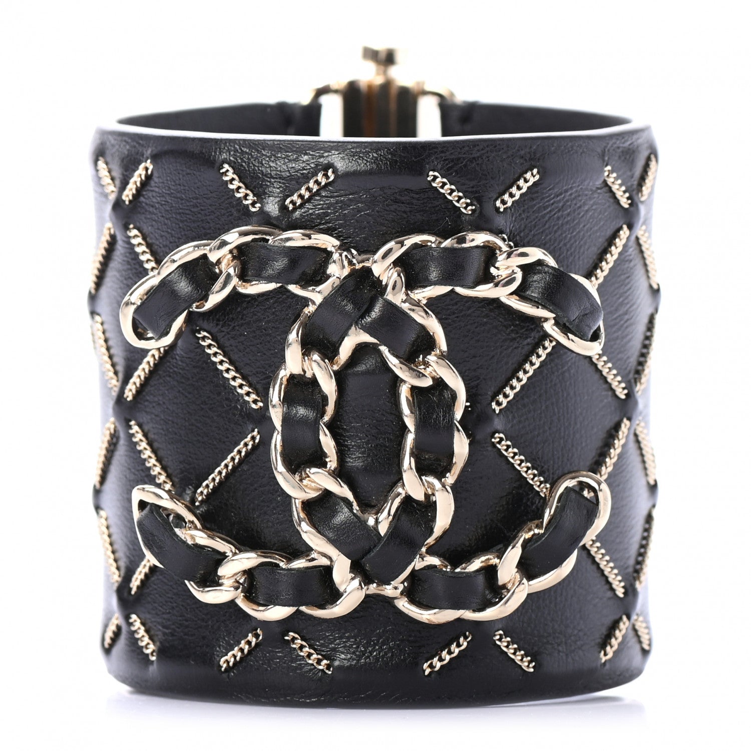Chanel Lambskin Chain Stitched CC Cuff Bracelet M Black Gold 1 of 4