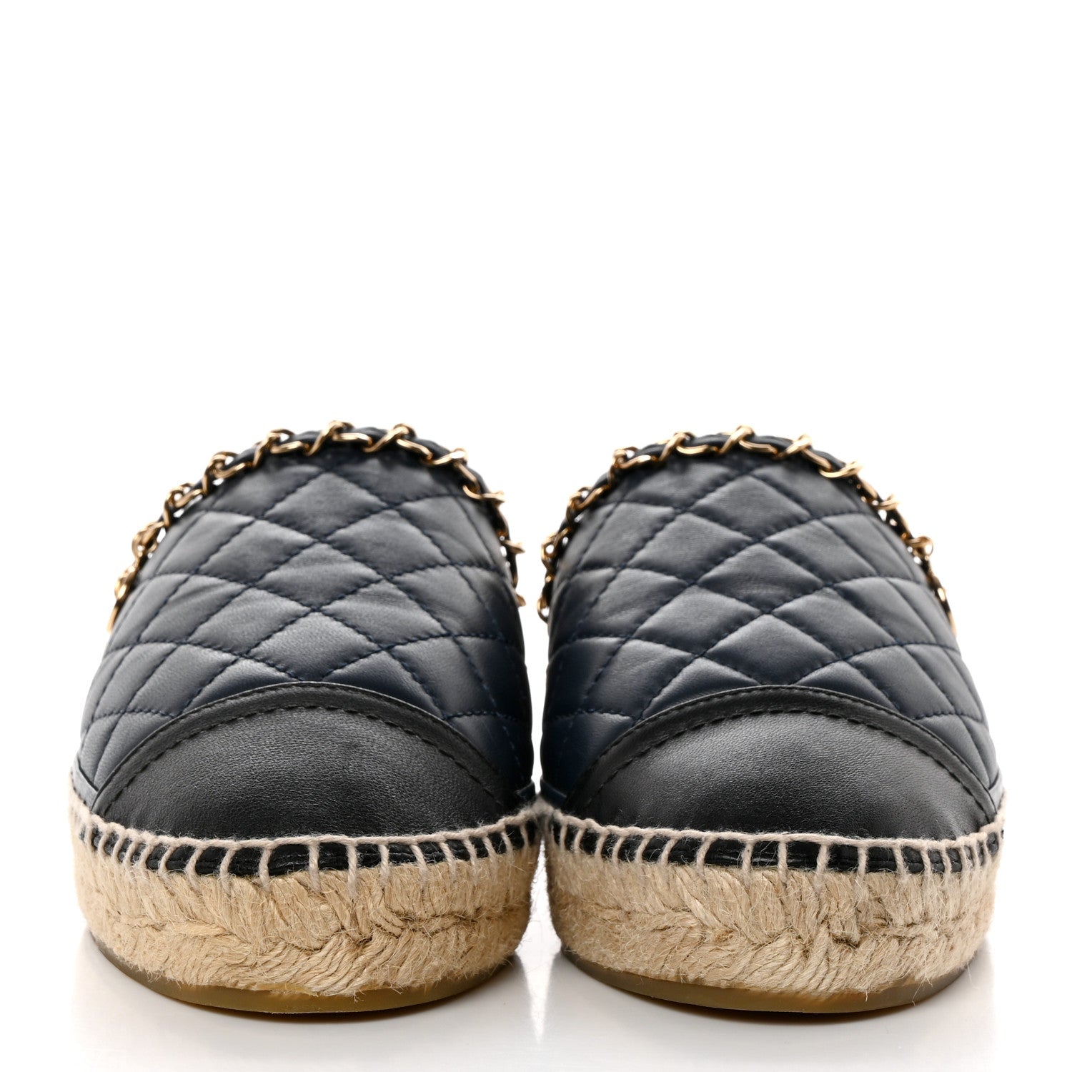 Chanel Lambskin Grosgrain Quilted CC Chain Espadrille Mules 37 Navy Black 2 of 10