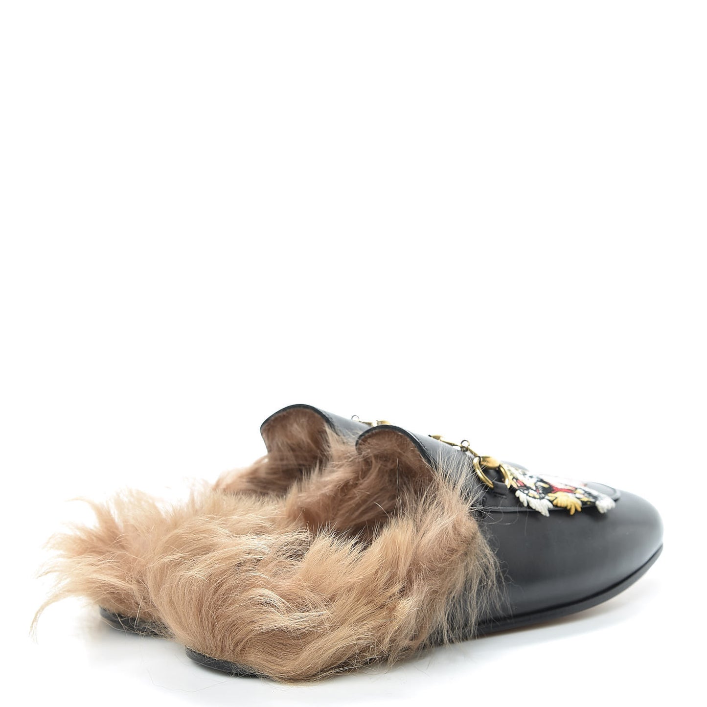 Calfskin Lambswool Tiger Embroidered Womens Princetown Slippers 37.5 Black